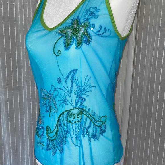 Sleeveless Tank Top Aqua Blue  Green Trim with Sequin beadwork. Comfort Stretch - Picture 3 of 6